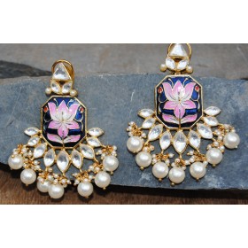 Lotus Blue-Pink Enamel Pearl Diamond Dangler Earrings